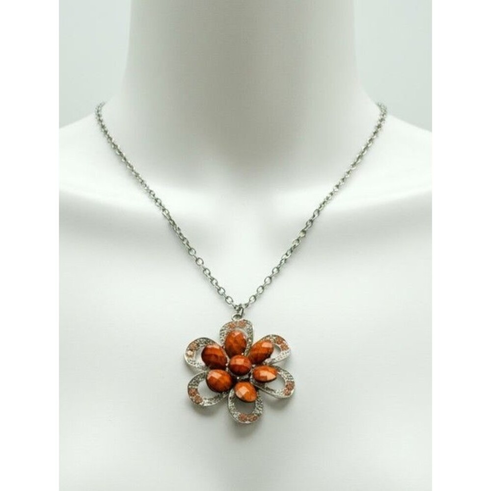 Vintage Silver Tone Cognac Faux Jasper Resin Flower Pendant Statement Necklace